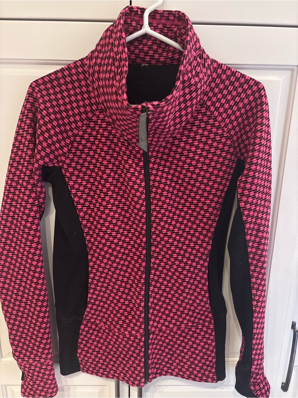 Lululemon Women's Pink & Black Textured Full-Zip hoodie- approx size 8